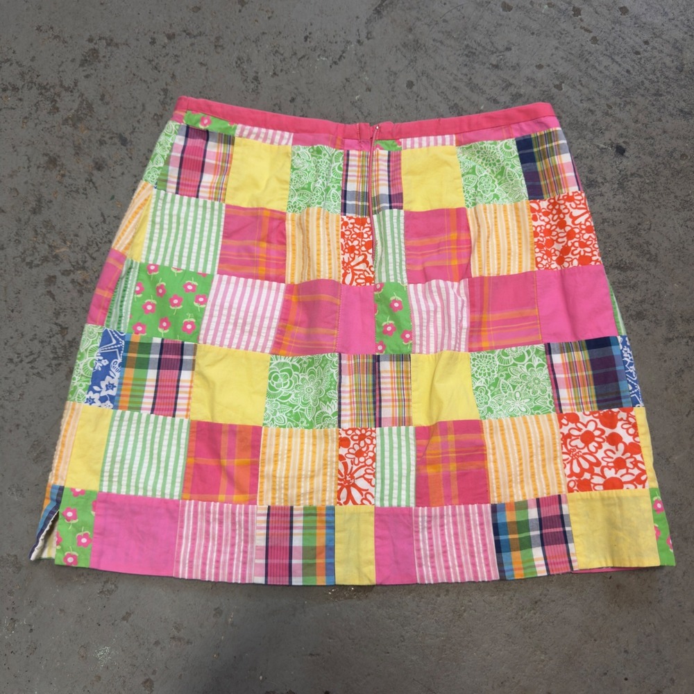 Lilly Pulitzer Patchwork Mini Skirt Pink Yellow Plaid Floral Cotton Size 10 - Picture 4 of 10